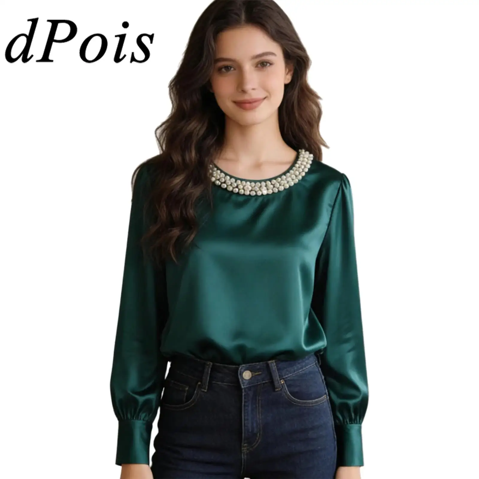 

Womens Elegant Satin Blouse Crew Neck with Faux Pearl Details Long Sleeve Loose Pullover Top for Office Lady Clothes Spring