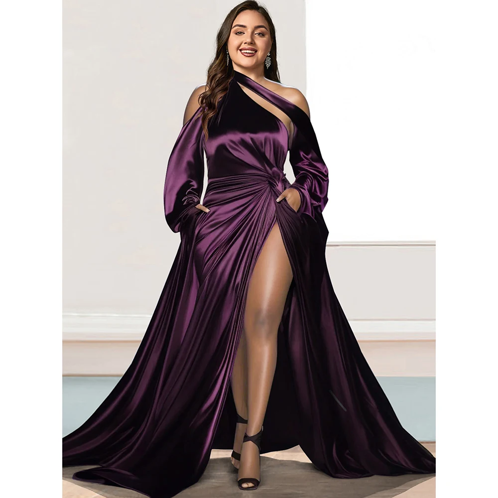 

Hollow Out Split Women Plus Size Dress Elegant Satin Maxi Party Dress Elegant Off-Shoulder Lace-up Evening Long Dresses Vestidos