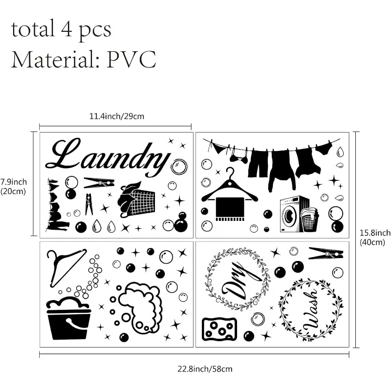 4pcs Laundry Room Vinyl Wall Decals Wash Dry Quote Washing Machine Dryer Wall Stickers Self-Adhesive Peel and Stick Decoration