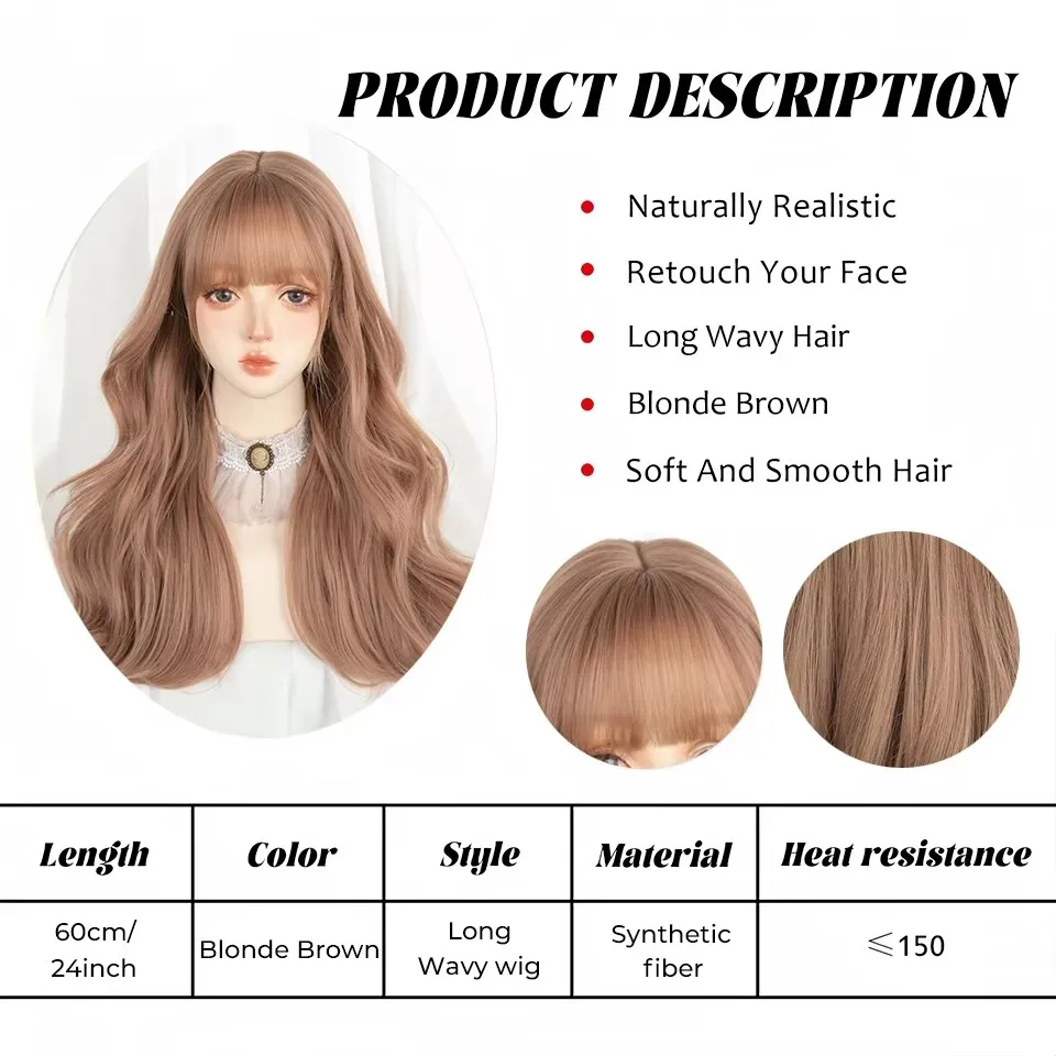 OLACARE Long Curly Hair Wig with Bangs Daily Brown Black Lolita Cosplay Braided Wigs Heat Resistant Fiber Party Fake Hair Women