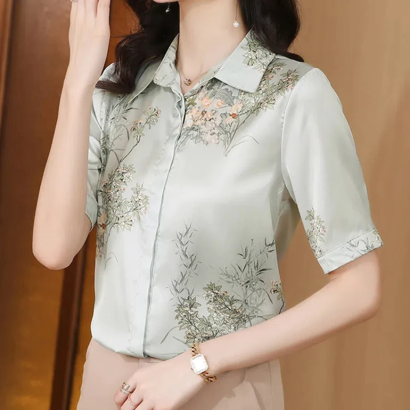 Summer Short Sleeve Button Plant&Flowers Printing Turn-down Collar Cardigan Chiffon Shirt Elegant Women\'s Clothing Casual Tops