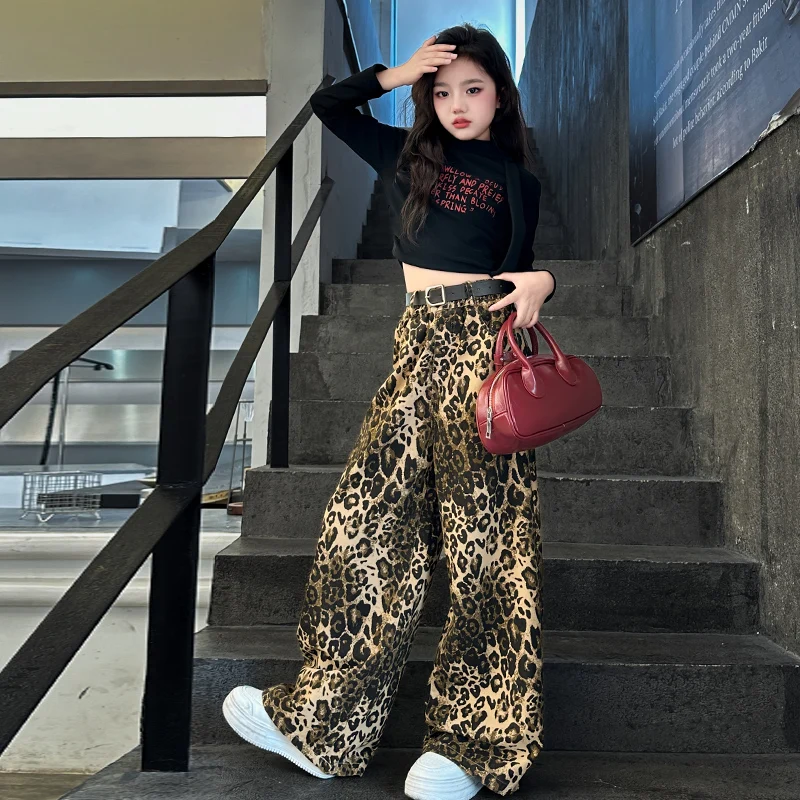 autumn teen girls Street Dance Set cotton letter tops+leopard print wide leg pants 2pcs junior kids clothes suit child outfits