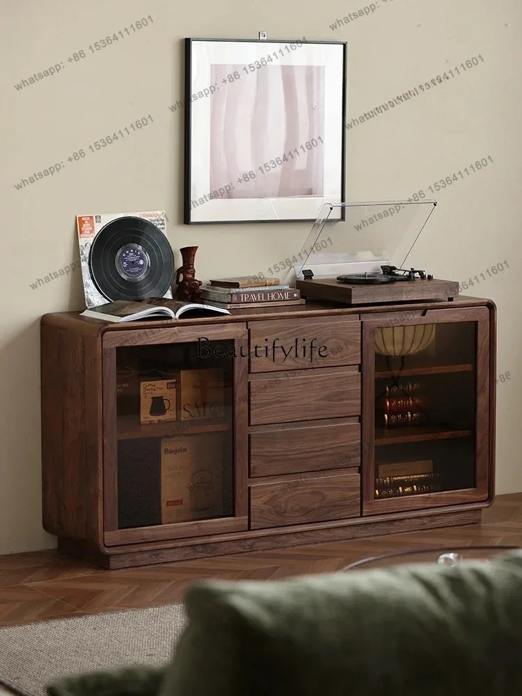 All solid wood dining side cabinet Nordic black walnut modern simple storage log TV cabinet