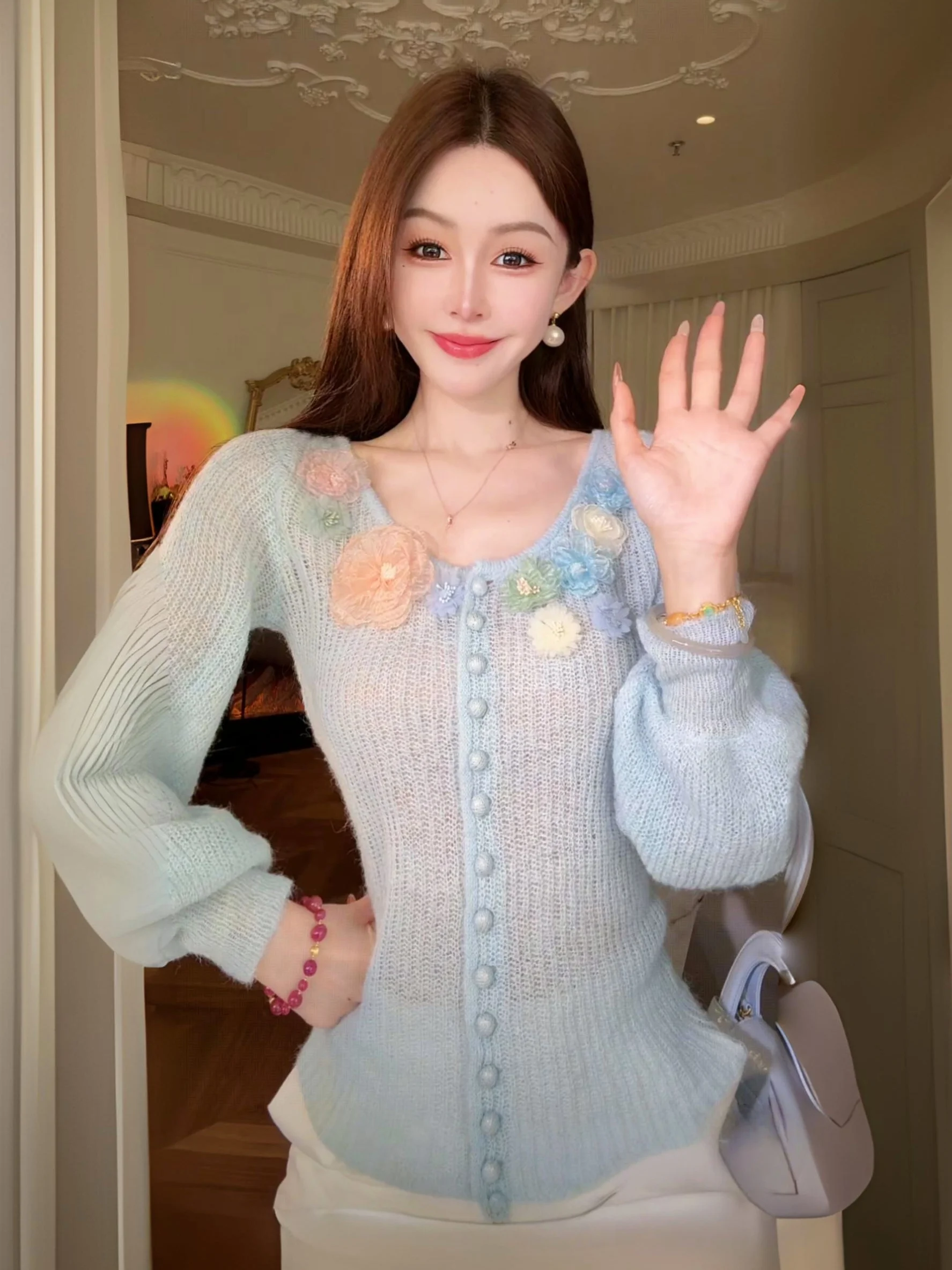 

Ультратонкий шерстяной свитер-фонарь Све, кружевной дизайн ручной работы на пуговицах, Blue Island Lizzy, антивозрастной трикотаж с 3D цветочным принтом