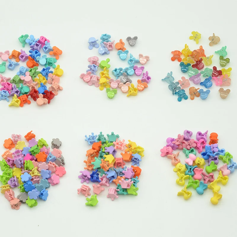 

100 шт. 1,3 см ~ 1,8 см различные мини-когти для волос, заколки для волос с короной, пластиковые заколки с цветочным принтом Микки, заколки для волос со звездами для украшения волос