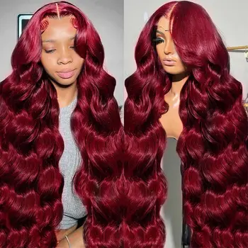 99j Bordeaux Body Wave Menselijk haar 13x6 Hd Transparante Kanten Voorkant Pruik 13x4 Krullend Gekleurd 30 40 inch Braziliaans haar Voor Vrouwen