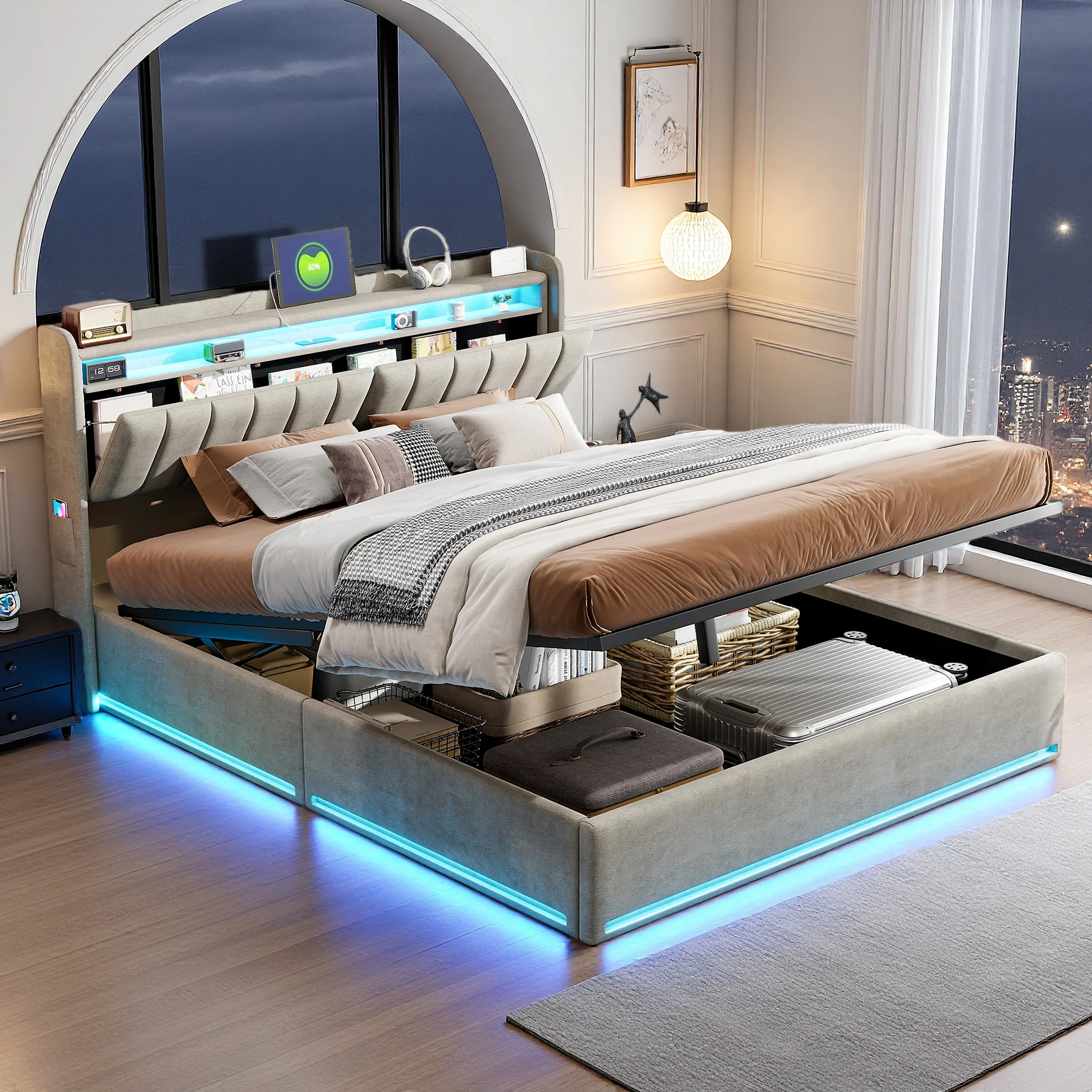 Lit moderne 140x200cm avec lumières LED, USB, lit hydraulique rembourré, tête de lit avec espace de rangement, cadre de lit, pour chambre à coucher, chambre d'amis