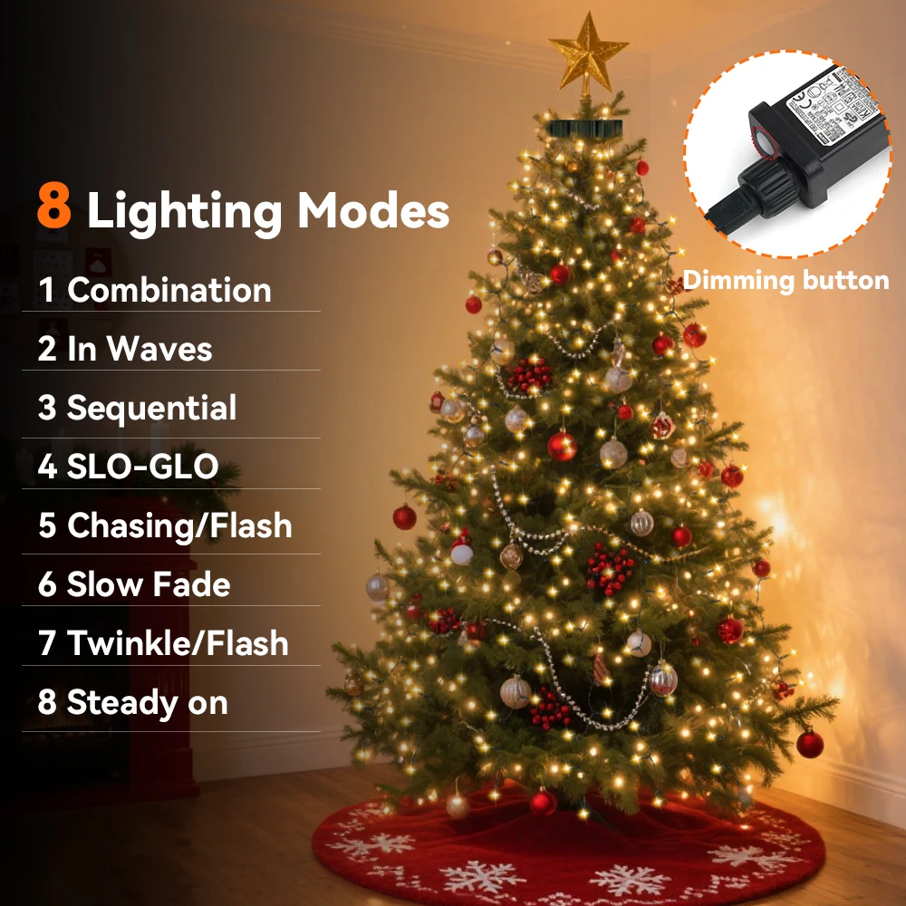 LED-Weihnachtslichterkette, 8 Beleuchtungsmodi, Lichterkette, Weihnachtsbeleuchtung für Urlaub, Zuhause, Party, Dekoration, drinnen und draußen, 400 LEDs – Detail 11