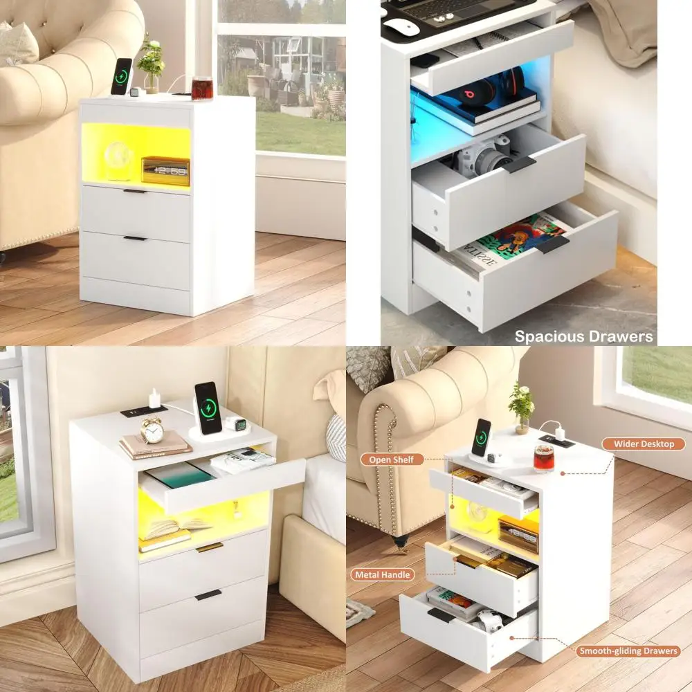 

White 3-Drawer LED Nightstand with Charging Station and Pull-Out Shelf