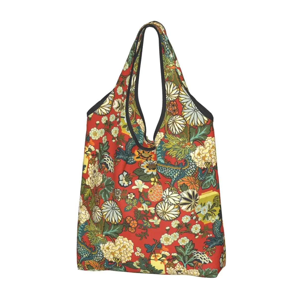 Reusable Vintage Oriental Chinoiserie Chiang Mai Dragon Shopping Bag Women Tote Bag Portable Grocery Shopper Bags