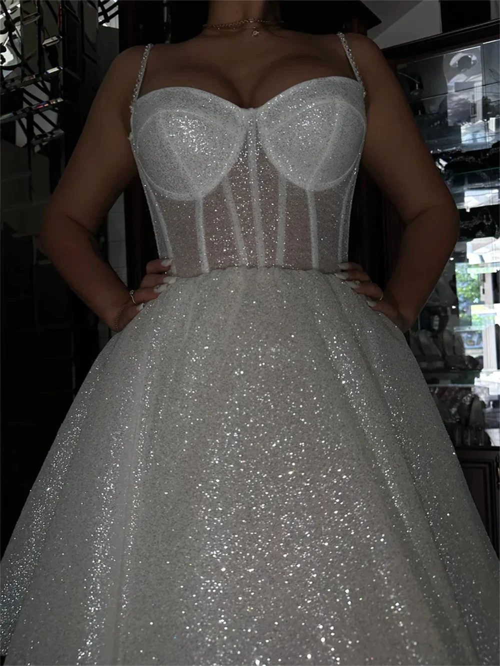 فساتين زفاف قصيرة ترتر متألقة من التل على شكل حرف a بحزام سباغيتي فساتين زفاف مشد أبيض فستان سهرة صغير فستان الحفلات #6