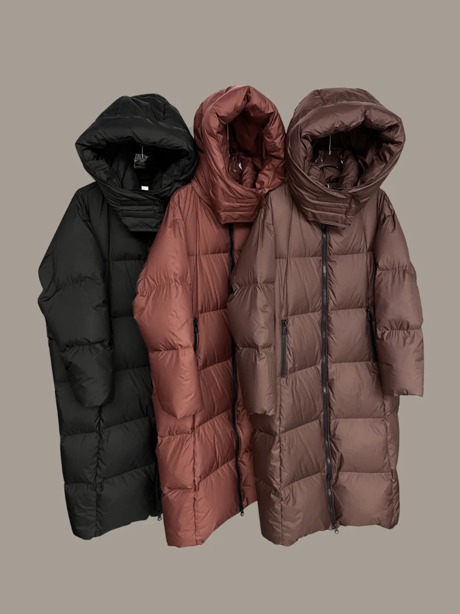 

Женская длинная стеганая куртка с капюшоном из 90% белого пуха, теплая, для повседневной носки, простого прямого кроя, с длинными рукавами