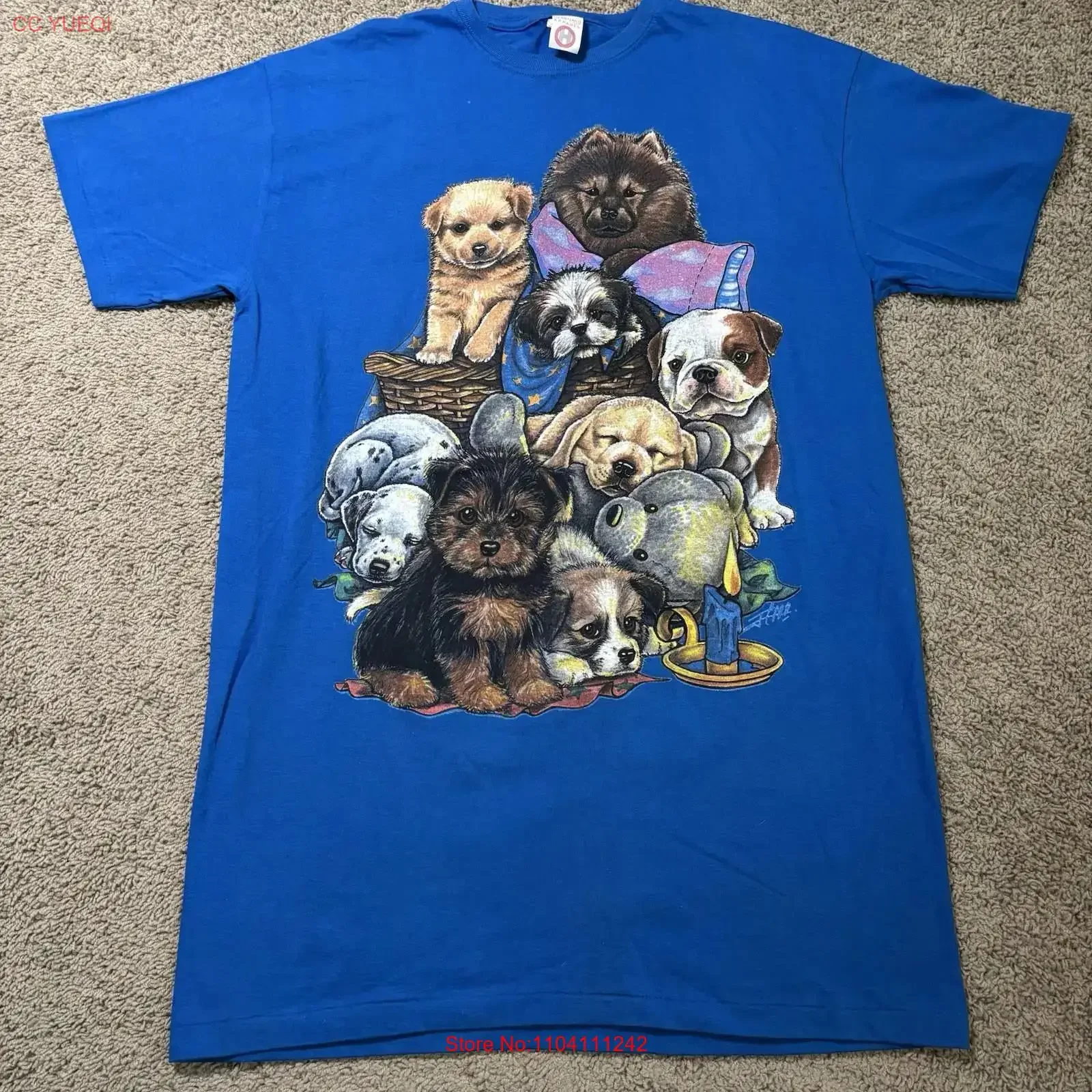 T-shirt vintage Heartland Apparel Puppy Dogs pour adulte, taille unique, bleu, style cottage, délavé, décontracté, vêtements de créateur doux