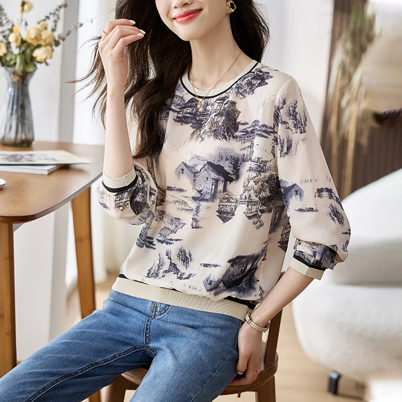 Lose Lange Sve runde Ne Gedruckt T-shirt frauen Slim Fit Casual Sle Herbst Winter Neue Ankunft Faion Top