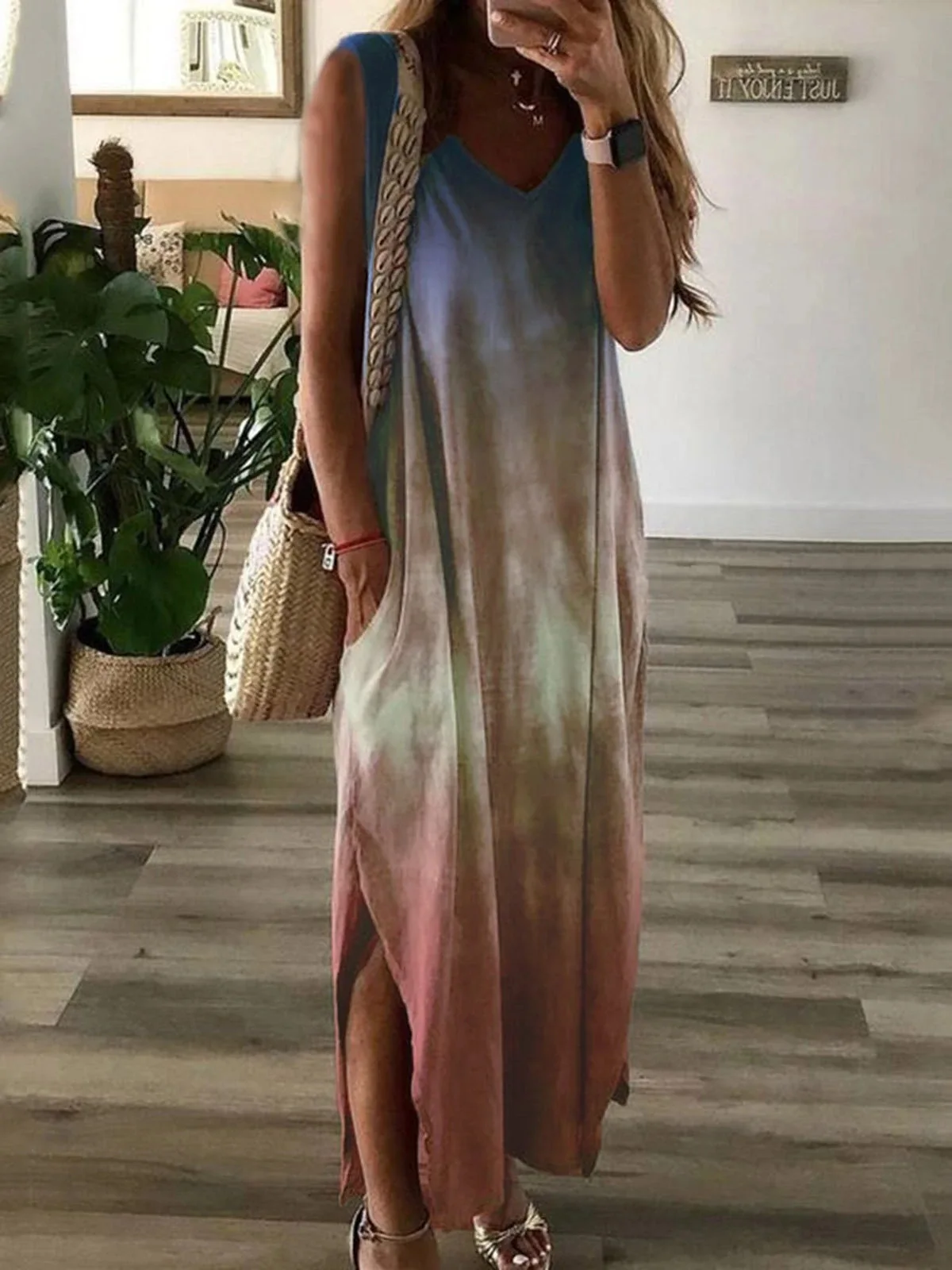 

Gradient Tie-dye Printed Sleeveless Long Skirt For Women Fashion Casual V-neck Loose Slit Vest Dress Women Summer A-line Vest