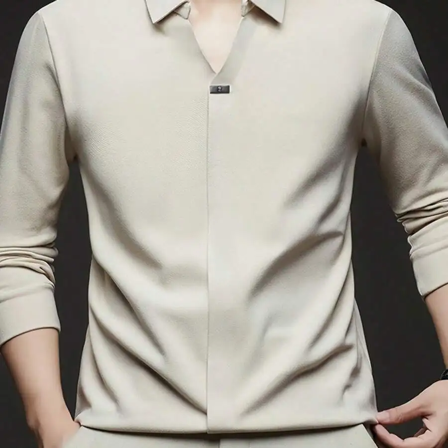 Mens Long Sleeve Shirt With Turn-Down Collar, Soft Skin-Friendly Non-Deformable Casual Stylish Top For Autumn
