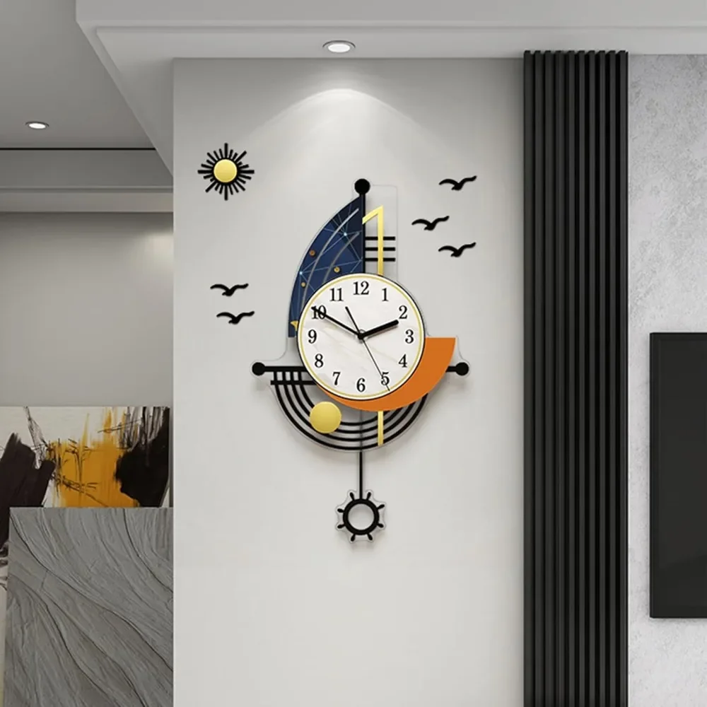 Modern Wall Clock Battery Powered, Boat Design Pendulum Clock, For Living Room 3D Silent Clock Wall Decoration Sticker