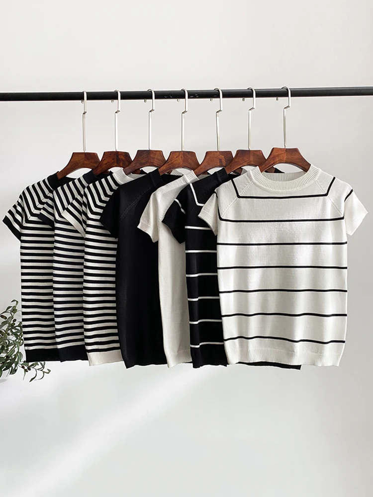 Summer Short Sleeve Striped Pullover Women Sweater Knitted 2022 Sweaters Tops Korean Pull Femme Jumper Female