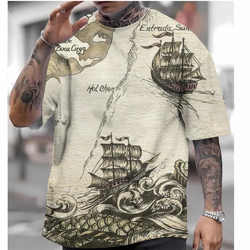 Vintage Nautical Graphic T-Shirt For Men Ship Map 3D Printed Tees Summer Casual Oversized Round Neck Tops T Shirts Short Sleeves