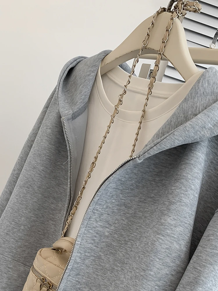 Grey Sweatshirt Hooded Casual Cardigan Women Autumn Winter Solid Color Zipper Long Sleeves Hoodies Loose Tops