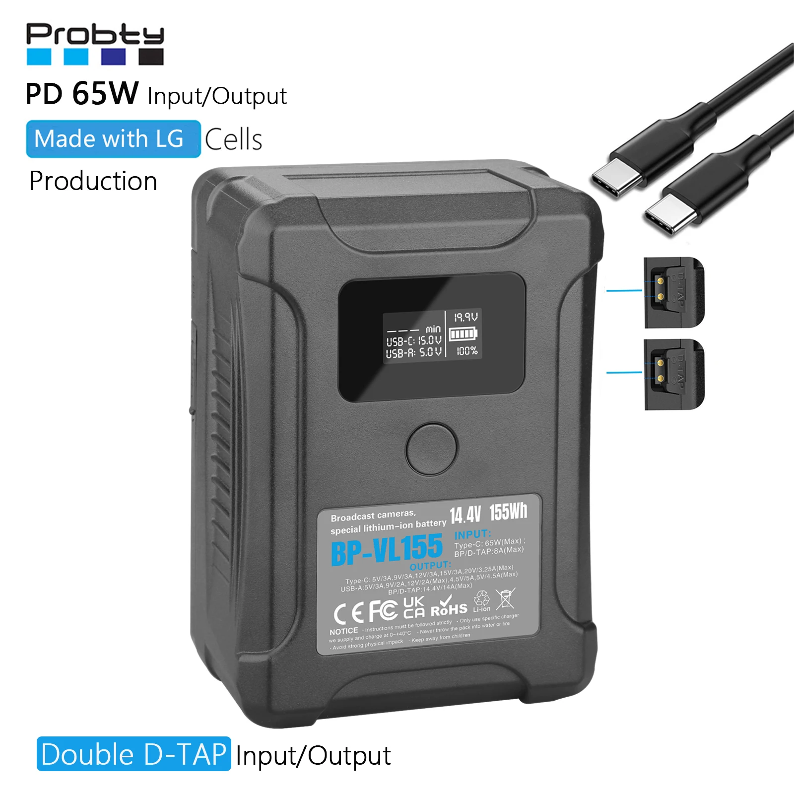 BP-VL155 V Mount Battery/V Lock Battery w Type-C/D-TAP Input/Output For Sony HDCAM, XDCAM, Digital Cinema Cameras