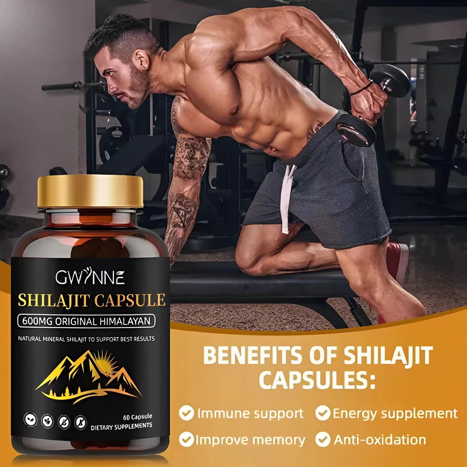 Gwynne Shilajit Shilajit Gummies 60 وحدة نكهة التوت والبطيخ + كبسولات شاراجي 60 وحدة 2 وحدة