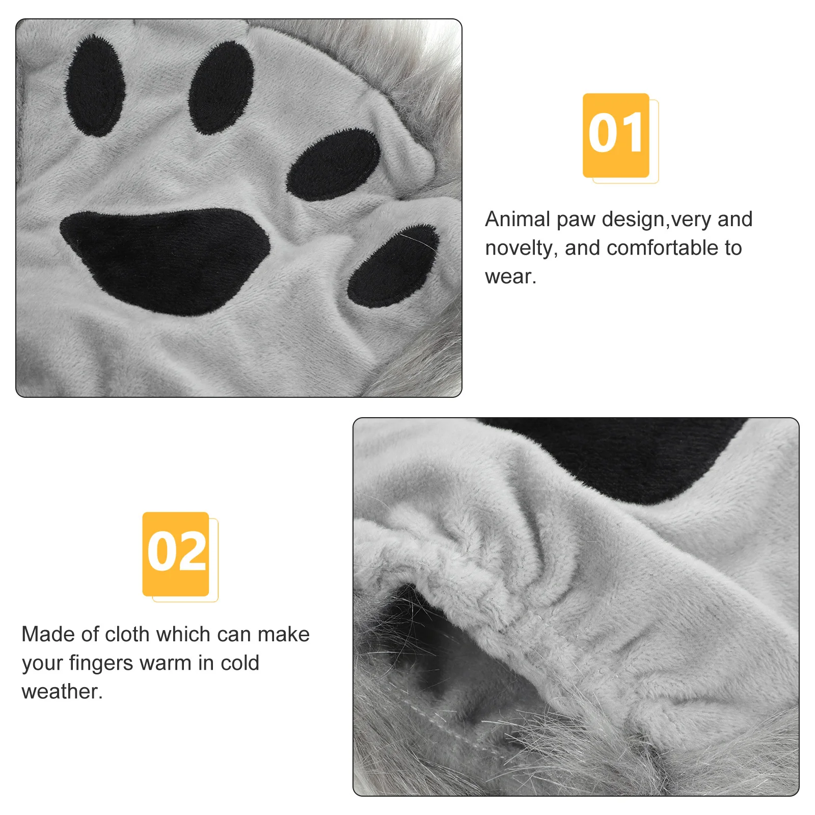 

Пара серых перчаток с лапами животных, флисовые теплые варежки с половиной пальца, зимние перчатки, идеально подходящие для Хэллоуина, косплея, повседневная одежда