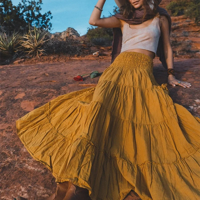 2026 frühling Sommer Urlaub Böhmischen A-linie Rock Dame Vintage Einfarbig Langen Rock Beiläufige Lose Elastische Taille Falten Rock