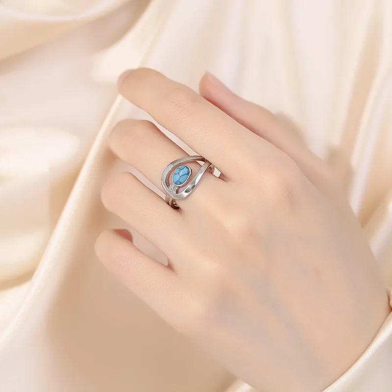 Unisex Oval Blue Stone Wedding Bands Synthetic Turquoise Rings For Women Men Silver Color Vintage Engagement Ring Party Jewelry
