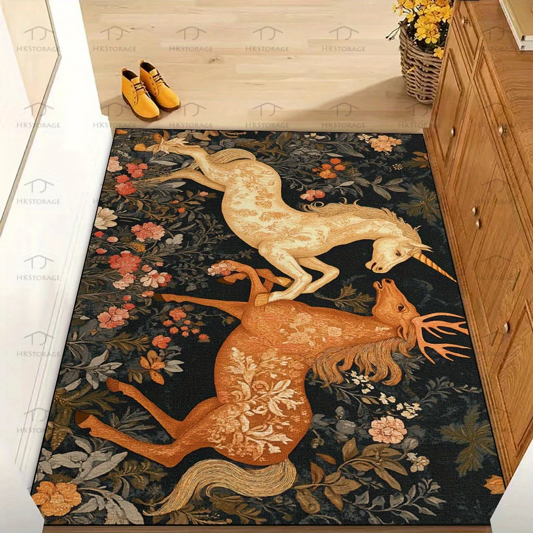 VIKAMA Vintage Animal Floor Mat Medieval Unicorn Deer Floral Art Pattern Anti‑Slip Washable Doormat Entryway Home Decor Rug - view 4