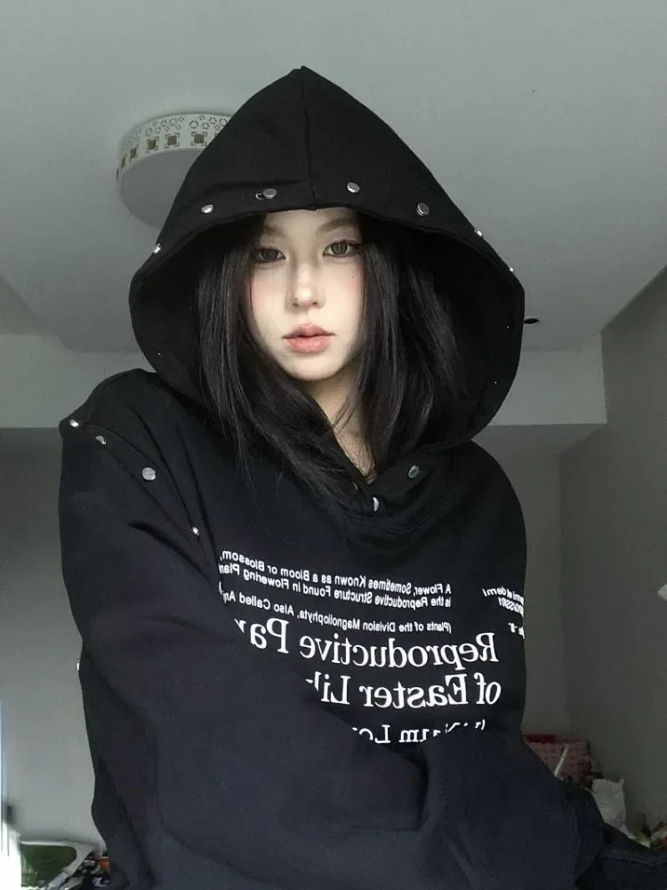 Y2k Aesthetic Letter Printing Hoodie Women Streetwear Rivet Hooded Tops 2024 Harajuku Sweatshirt Girl Cute Loose Grunge Hoody