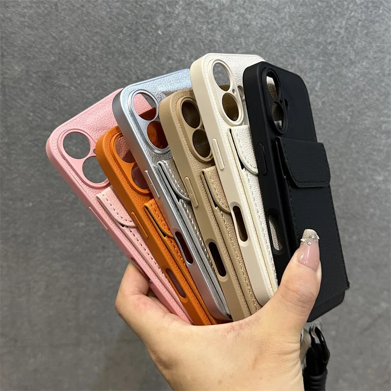 محفظة فتحة للبطاقات حامل حامل بو الجلود القضية آيفون 16 13 12 11 14 15 برو ماكس 16 زائد Xs Xr شريط للرسغ غطاء الحبل