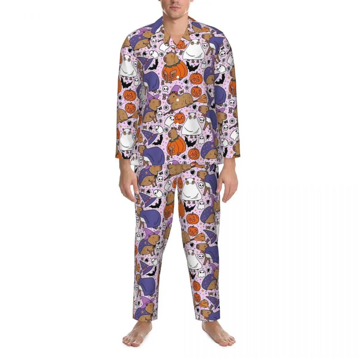 Carino Halloween Capybara Stampa Indumenti da notte Primavera Casual Allentato Pigiama oversize Set da uomo Maniche lunghe Camera da letto calda Indumenti da notte personalizzati