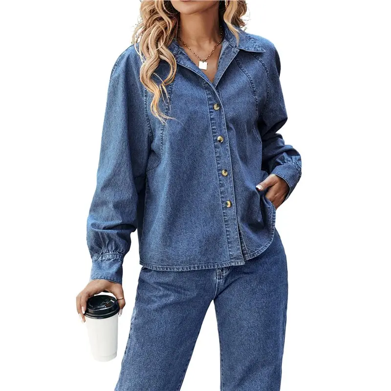 Koszula jeansowa damska CYL, długi rękaw, regularny krój, codzienna koszula zapinana na guziki