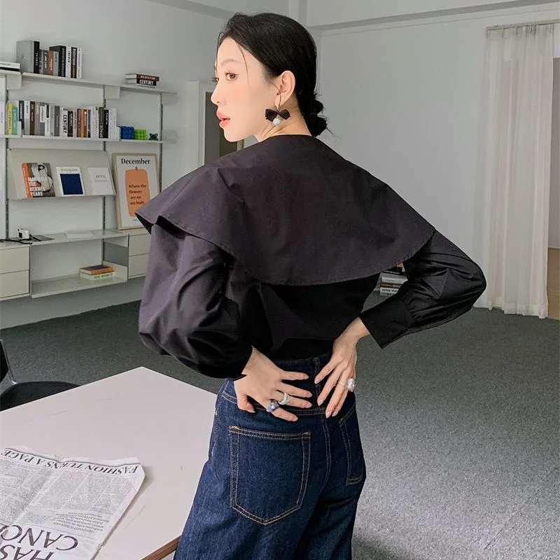KOSAHIKI Vintage Cartoon Rabbit Embroidery Japanese Style Blouse Women Casual Loose Black Shirts 2024 Spring New Cute Blusas