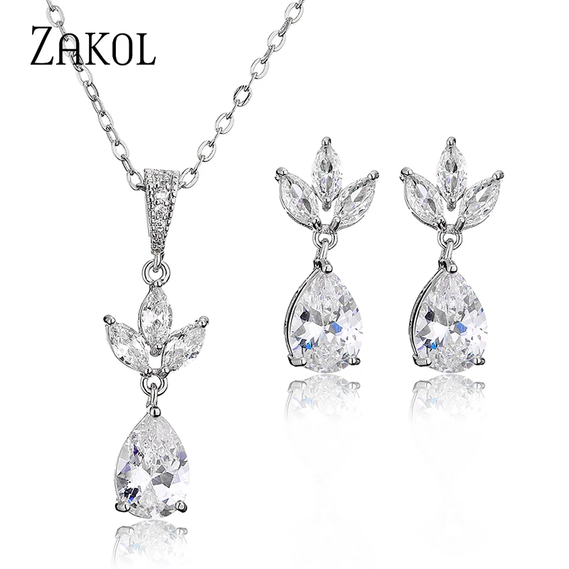 ZAKOL Classic Leaf Water Drop CZ Cubic Zirconia Necklace Earrings Temperament Luxury Jewellery Sets for Women Wedding Gifts