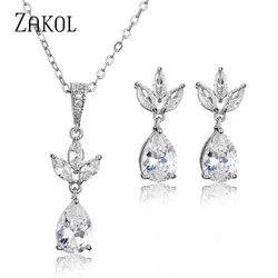 ZAKOL Classic Leaf Water Drop CZ Cubic Zirconia Necklace Earrings Temperament Luxury Jewellery Sets for Women Wedding Gifts
