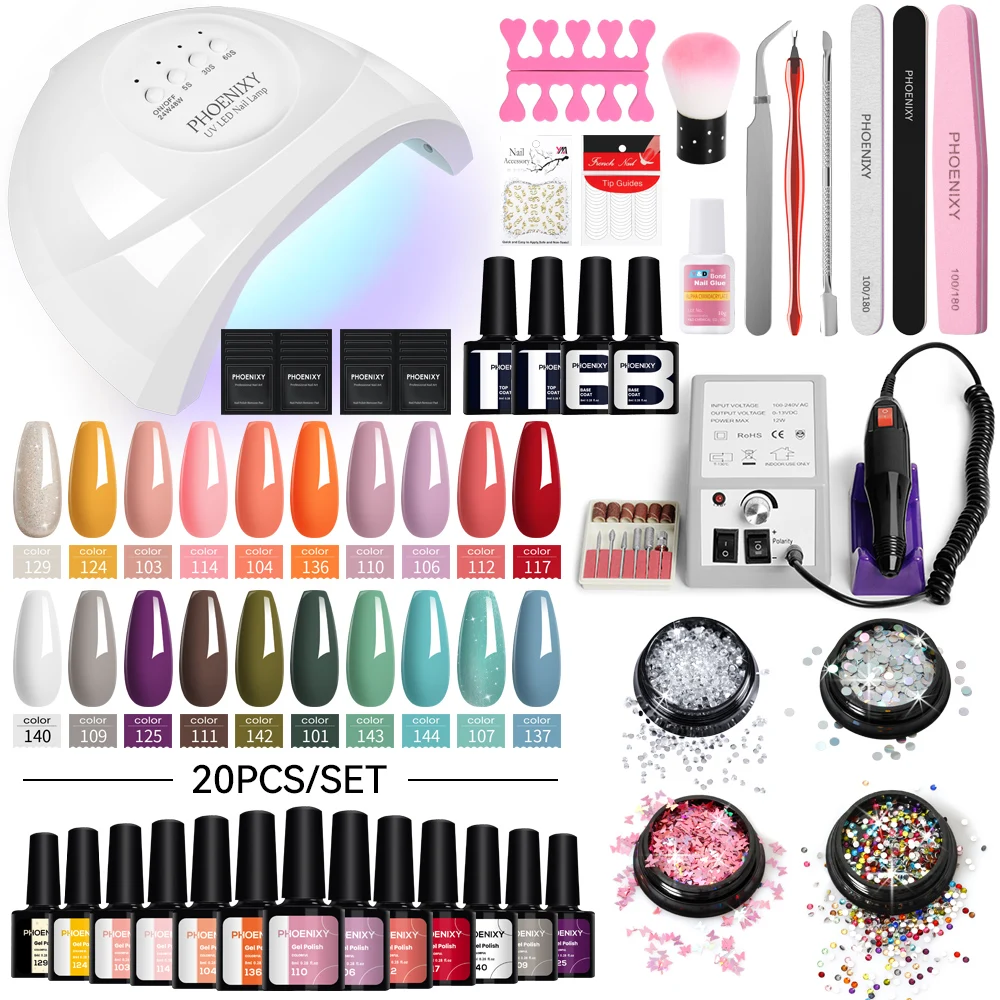 

Phoenixy Manicure Tools Kit 20 Colors 8ML Gel Nail Polish with UV LED Nail Lamp Semi Permanent Gel Varnish Complete Nail Art Set