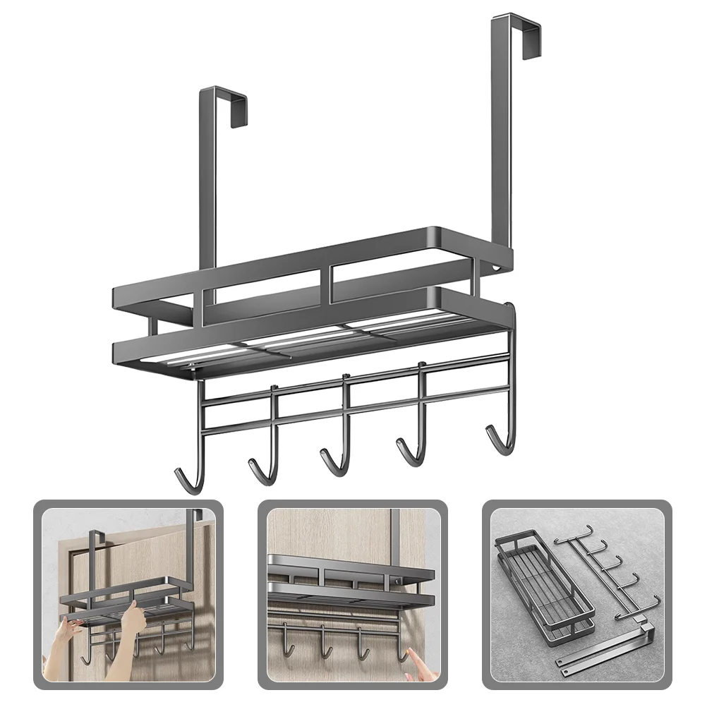 

Detachable Installation-free Door Storage Rack Multifunctional High Carbon Steel Hook Gray Shelf behind The Organizer over