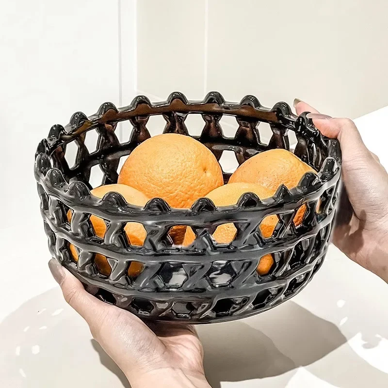 

Ceramic Tray Hollow Woven Storage Basket Fruit Basket Desktop Storage Container Household Snack Tray Drain Rack Home Decoration