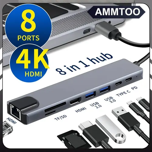 USB C 허브 C타입 3.1-4K HDMI 어댑터, RJ45 SD/TF 카드 리더기, PD 고속 충전, 맥북 노트북 노트북 컴퓨터용, 8 인 1 