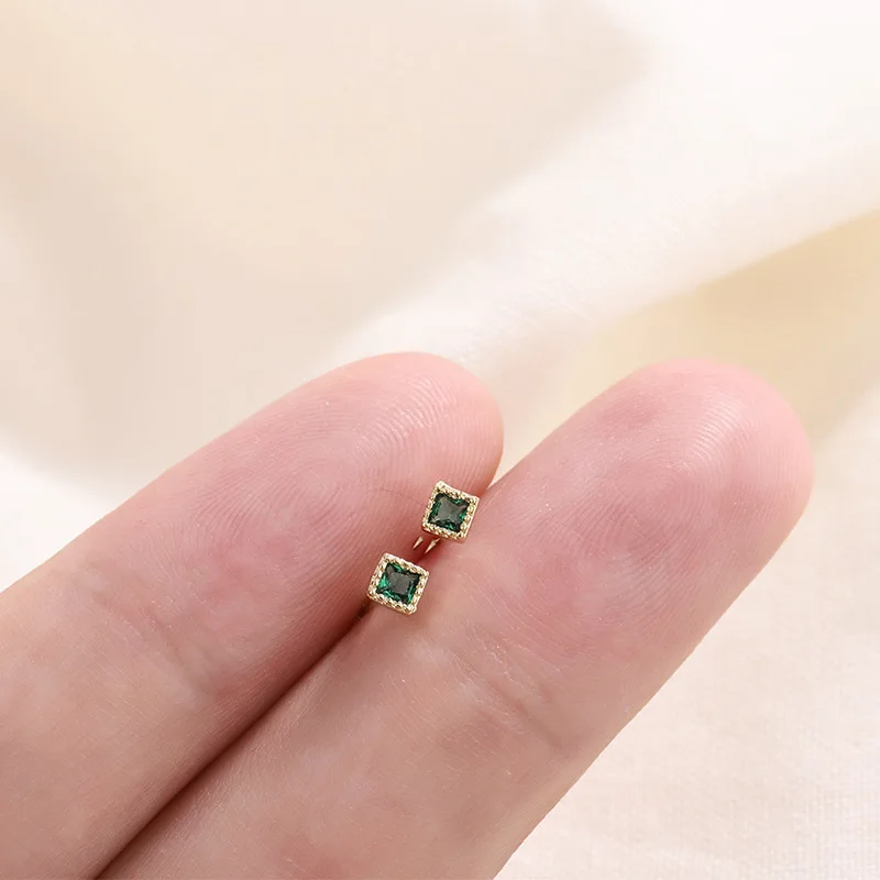 CCFJOYAS 925 Sterling Silver Simple Retro Emerald Stud Earrings for Girl Mini Cute Square Crystal Zircon Studs Piercing Jewelry