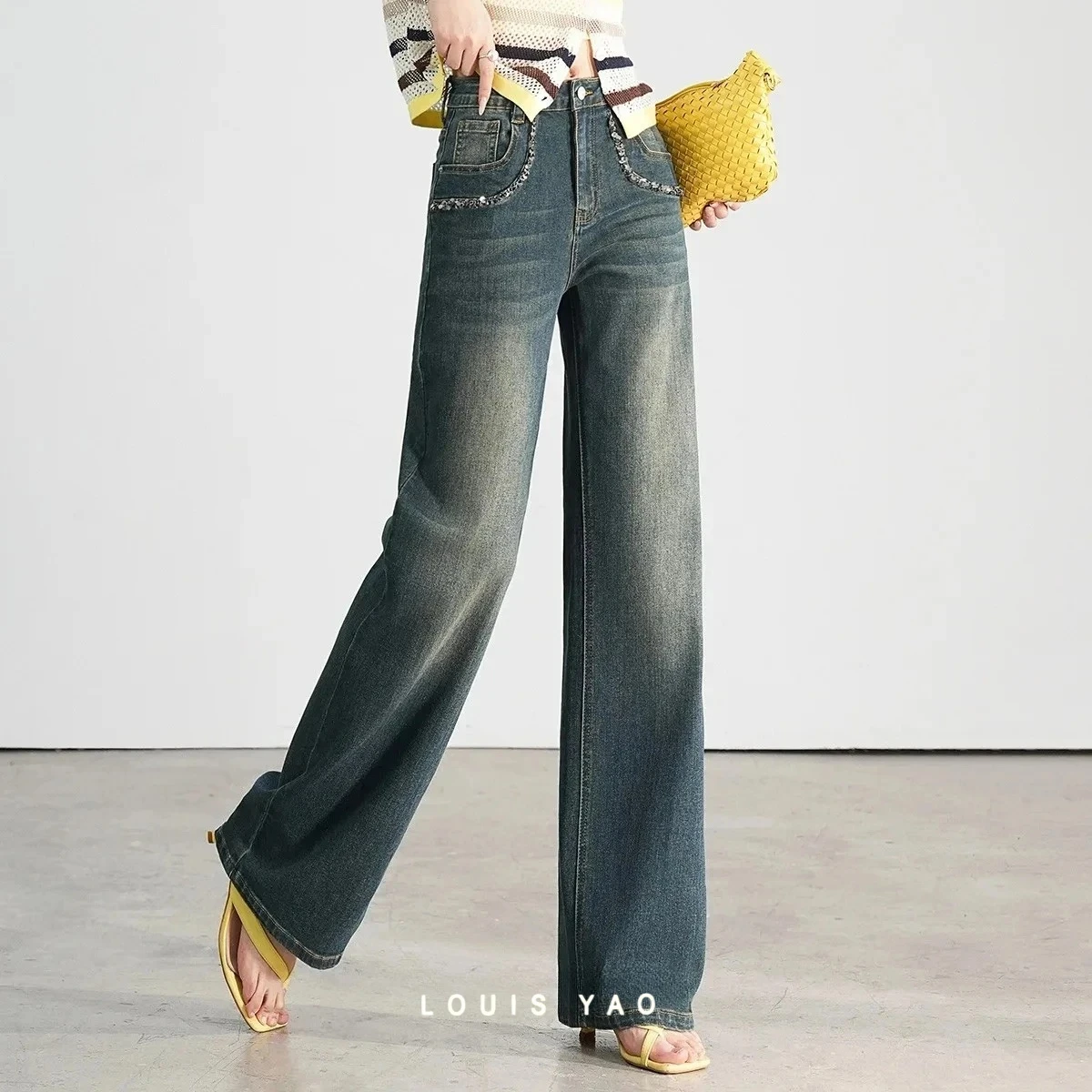 LOUIS YAO Wide Leg Denim Pants 2026 Spring Autumn Women Slightly Elastic High Waisted Handmade Sequined Jeans