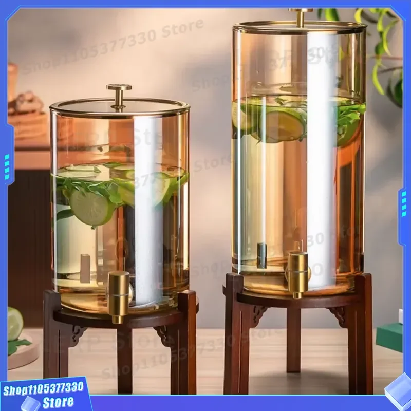 Large Capacity Glass Beverage Dispenser with Wooden Frame Cold Water Kettle for Fruit Tea Storage Home Kitchen Drink Jar