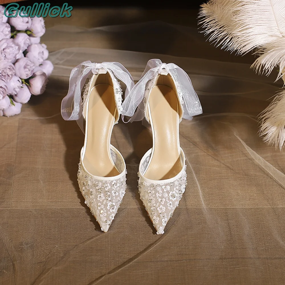 Solid White Flower Lace Pumps Air Mesh Pointed Toe Stiletto High Heels Slip On Bride Cover Heel Women Wedding Shoes New Arrival