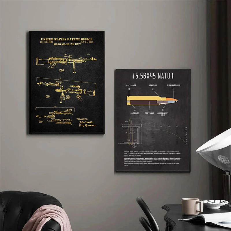 Firearms and Bullets Canvas Poster Gun Dismantling Diagram Wall Art Picture for Living Room Bedroom Playroom Modern Home Decor