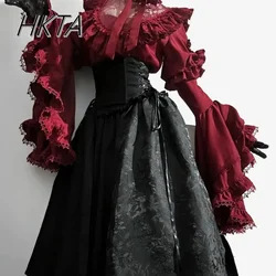 Lolita Gothic High Waist Black Long Skirt Loose Oversized Flared Long Sleeve Blouse Top Y2k Ji Sleeve Gorgeous Elegant Skirt Set