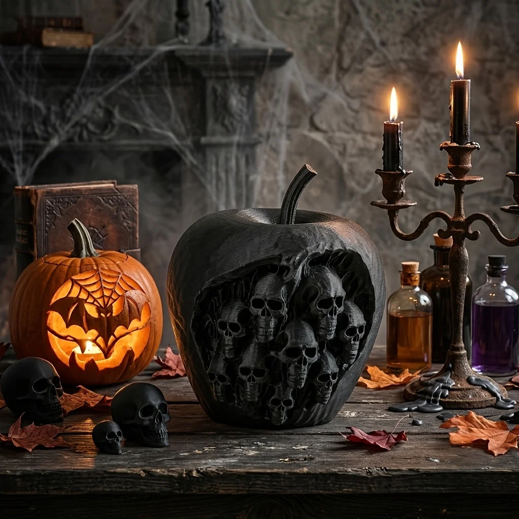 1-Piece Dark Apple Skull-Shaped Ornament Halloween Horror Quirky Desktop Sculpture Holiday Party Atmosphere Prop Gift Dark Style Home Decoration Collectible