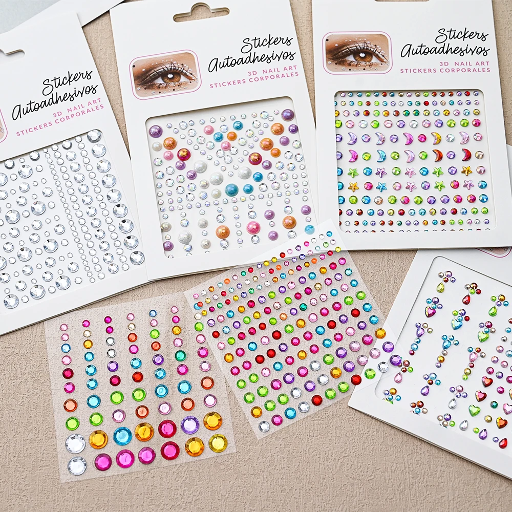 Bling Selbstklebende Gesichts-/Körper-Edelsteine 3D Stern/Mond/Herz/Runde Temporäre Tattoo-Aufkleber AB/Klar/Rot/Blau Gesichtshaar Nagelschmuck – Detail 8
