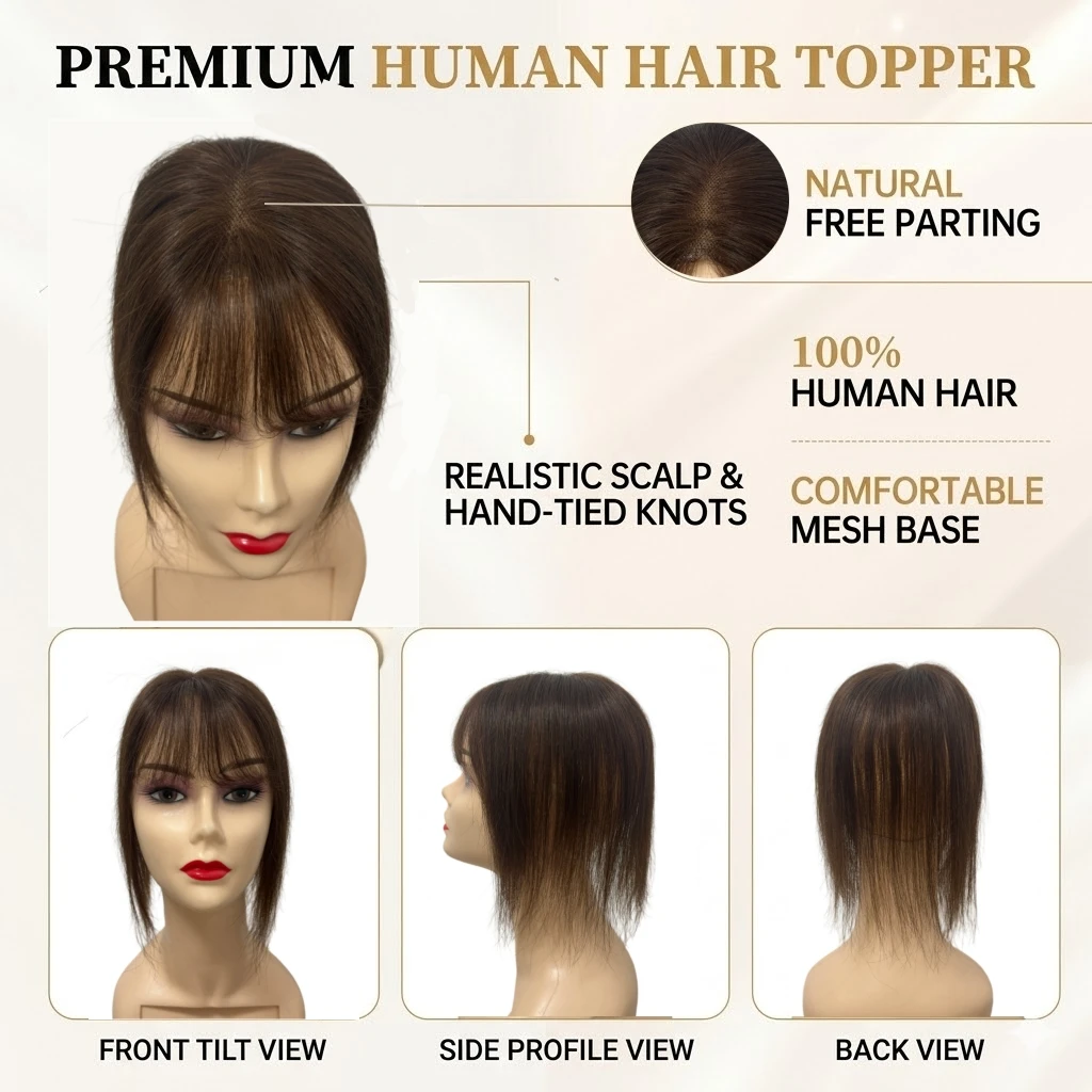 Ultra-Thin Mesh Hair Toppers 8x11cm Clip-In Fringe Bangs for Women Real Hair Fluffy Volume Cover Grey White Hair